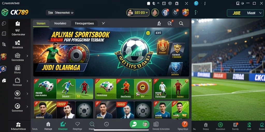 Screenshot CK789 menunjukkan tampilan antarmuka aplikasi Sportsbook yang dinamis.