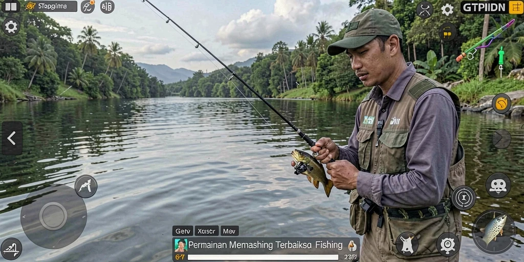 Screenshot gameplay GTPIDN menampilkan aksi memancing yang seru.