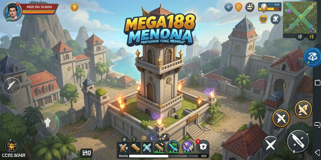Tampilan menarik dari gameplay <strong>MEGA188</strong> dengan pertahanan menara yang strategis.