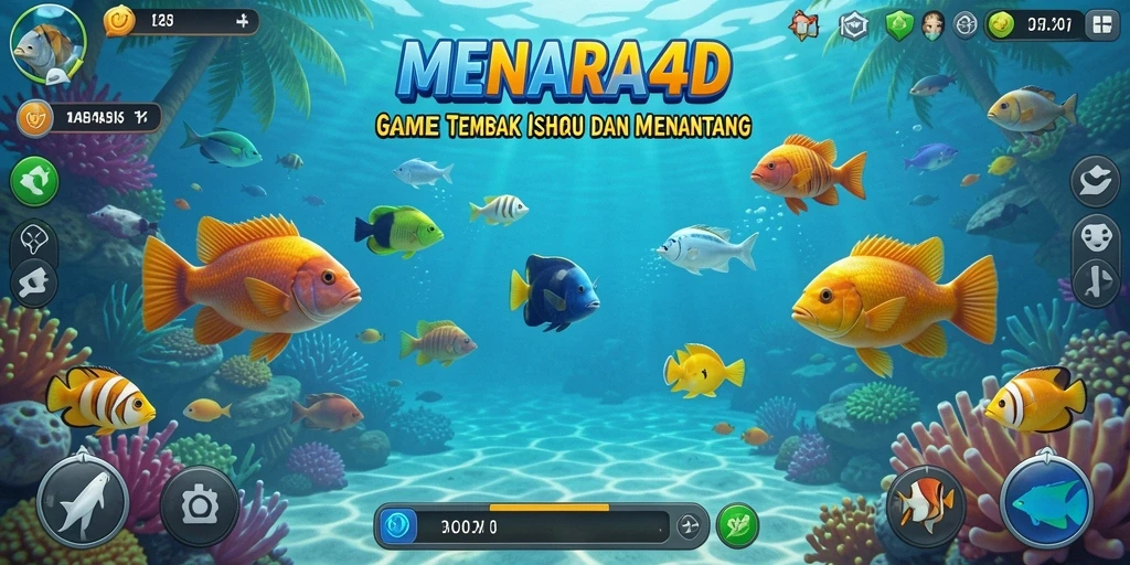 Screenshot gameplay MENARA4D menunjukkan aksi menembak ikan yang seru.