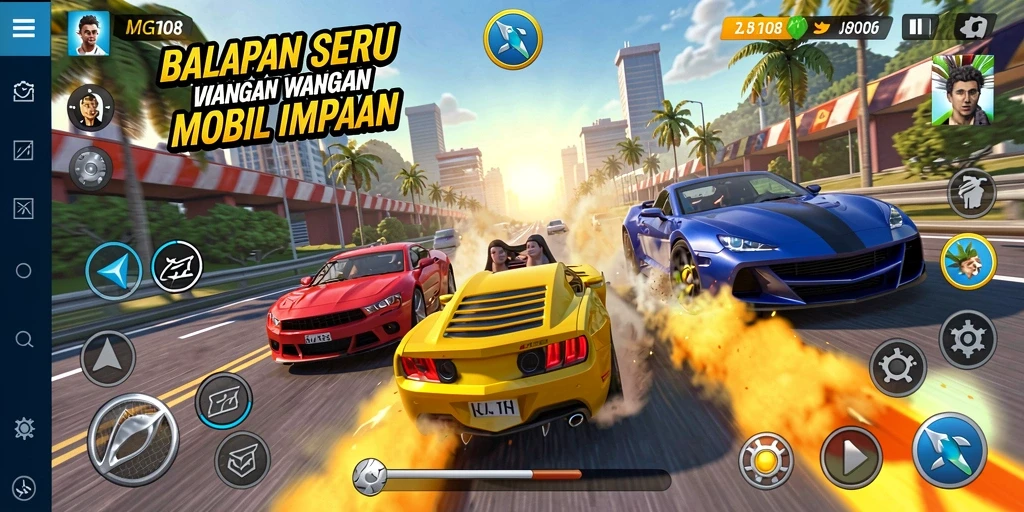 Tampilkan gameplay balapan mendebarkan dari MG108 dengan berbagai mobil.