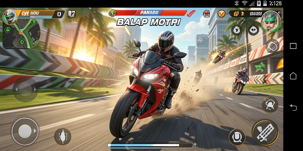 Visual gameplay OLX128 menampilkan balapan motor yang intens dan mendebarkan.