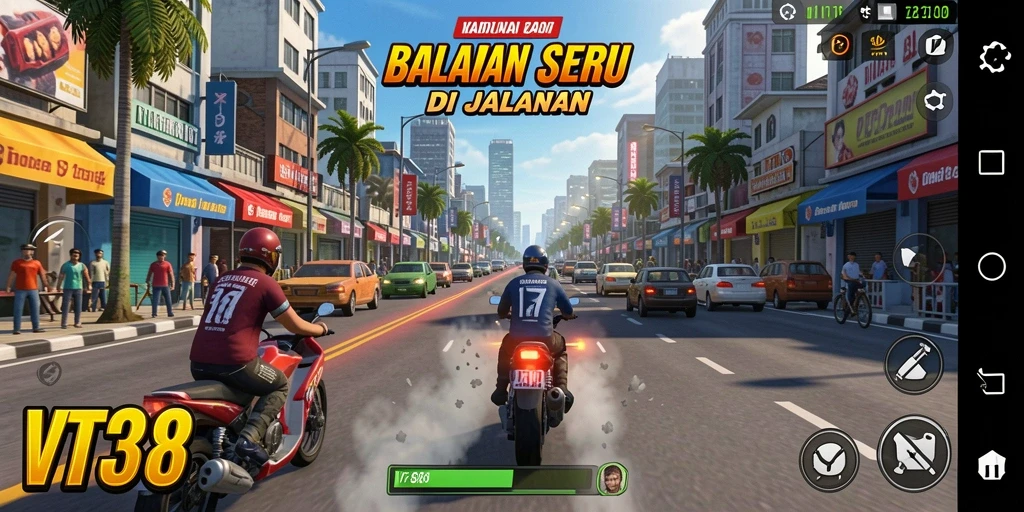 Tampilan gameplay balapan seru di VT38 dengan mobil melaju kencang.